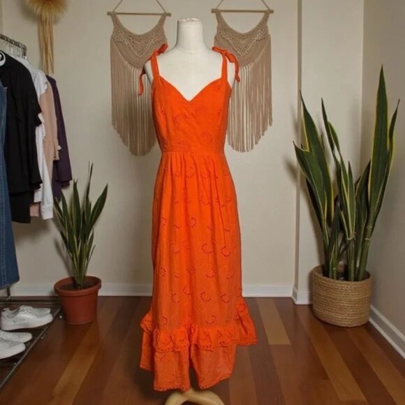 taylor Dresses & Skirts - TAYLOR - Orange Eyelet Midi Dress – Tie Strap Sundress, Ruffle Hem, Summer Boho